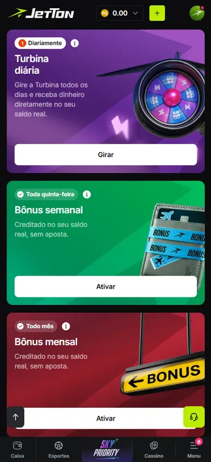Página de bônus da Jetton com cartão Turbina diária e botão Girar, cartão Bônus semanal com a etiqueta Toda quinta-feira e cartão Bônus mensal com a etiqueta Todo mês, ambos creditados no saldo real sem aposta