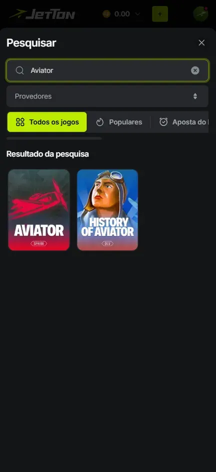 Busca Aviator na Jetton com dois resultados: Aviator da Spribe, capa com avião vermelho, e History of Aviator, capa com piloto de óculos de aviação