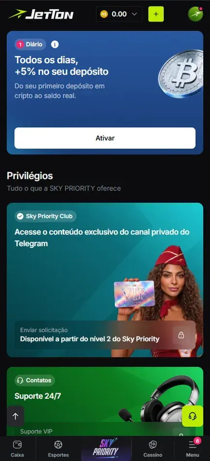 Tela de bônus da Jetton com cartão Diário de +5% no primeiro depósito em cripto e, em Privilégios, o cartão Sky Priority Club com acesso ao canal privado do Telegram disponível a partir do nível 2