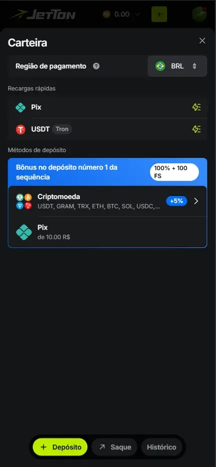 Carteira da Jetton na aba Depósito com região de pagamento BRL, recargas rápidas Pix e USDT Tron, faixa azul Bônus no depósito número 1 da sequência 100% + 100 FS, Criptomoeda com +5% e Pix a partir de 10 reais