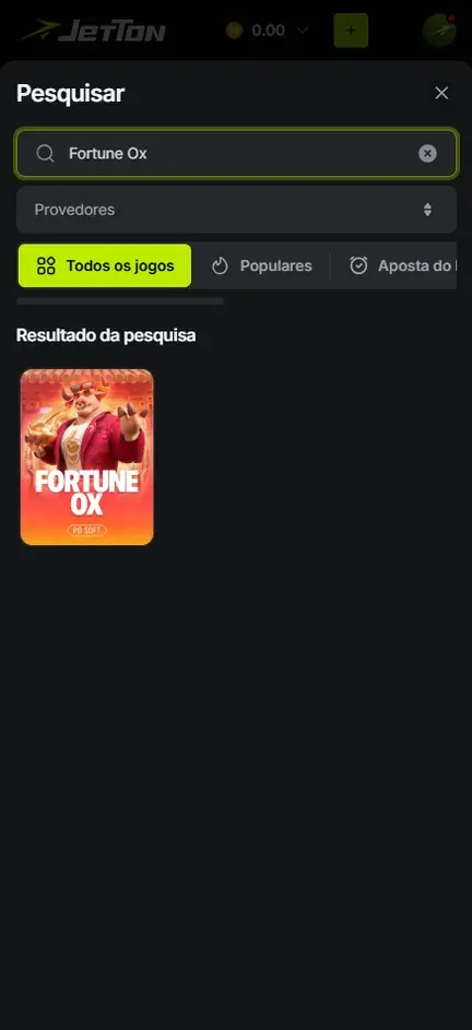 Busca Fortune Ox na Jetton com um único resultado: a capa Fortune Ox da PG Soft com o touro de terno vermelho