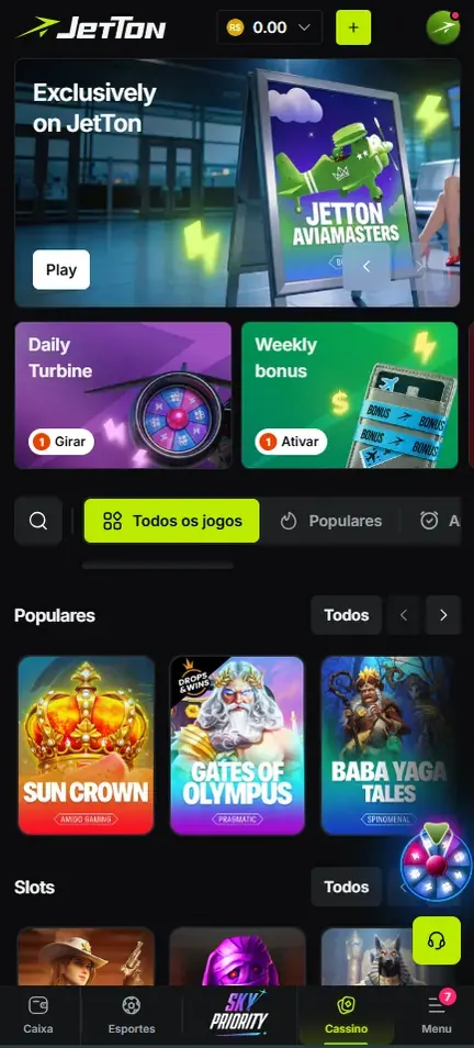 Lobby da Jetton no celular: saldo 0.00 em reais no topo, banner Exclusively on JetTon com botão Play, cartões Daily Turbine com Girar e Weekly bonus com Ativar, fileiras Populares e Slots e, embaixo, Caixa, Esportes, Sky Priority, Cassino e Menu