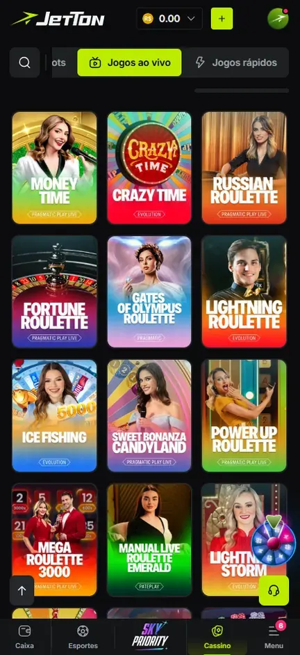 Aba Jogos ao vivo da Jetton com capas de Money Time, Crazy Time, Russian Roulette, Fortune Roulette, Gates of Olympus Roulette, Lightning Roulette, Ice Fishing, Sweet Bonanza Candyland, Power Up Roulette, Mega Roulette 3000 e Lightning Storm