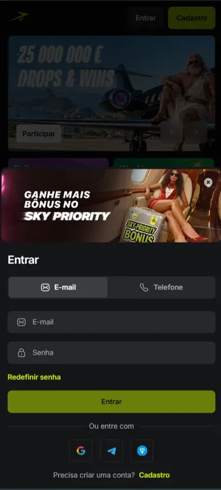 Tela Entrar da Jetton abaixo do banner Sky Priority, com abas E-mail e Telefone, campos E-mail e Senha, link verde Redefinir senha, botão Entrar e ícones Google, Telegram e TON