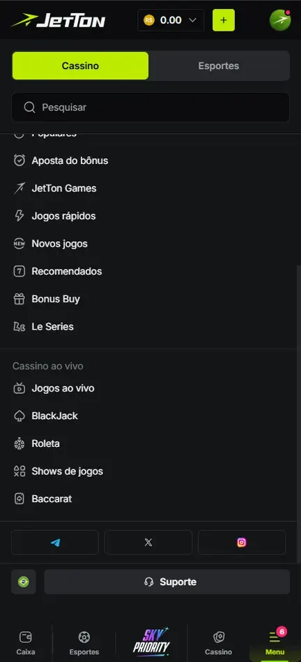 Menu da Jetton rolado até o grupo Cassino ao vivo, com os itens Jogos ao vivo, BlackJack, Roleta, Shows de jogos e Baccarat, acima dos ícones de redes sociais e do botão Suporte
