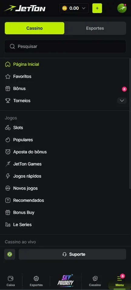 Menu do cassino Jetton com abas Cassino e Esportes, campo Pesquisar, itens Página inicial, Favoritos, Bônus e Torneios e a lista Jogos de Slots a Le Series