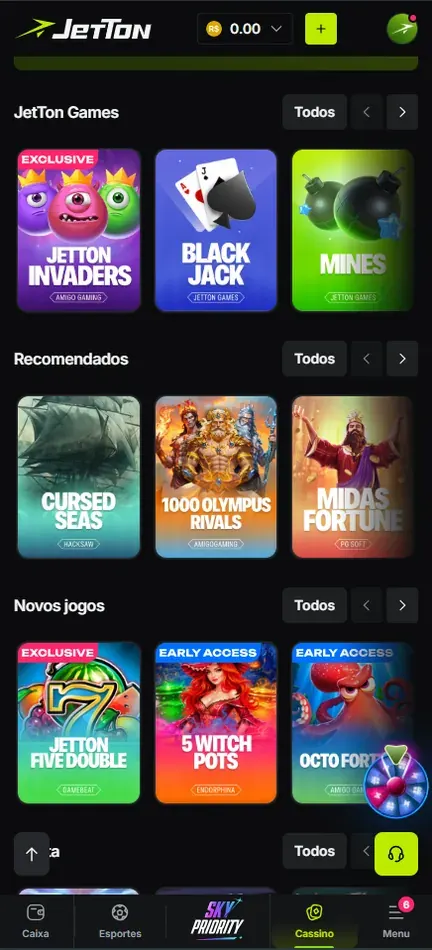 Faixa JetTon Games no lobby com as capas Jetton Invaders (selo Exclusive), Black Jack e Mines, seguida das faixas Recomendados e Novos jogos