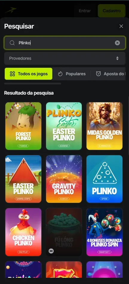 Busca Plinko na Jetton com muitas capas, entre elas Forest Plinko, Easter Plinko, Midas Golden Plinko, Gravity Plinko, Plinko da Spribe e Chicken Plinko