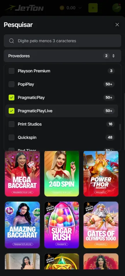 Lista Provedores aberta na busca da Jetton com PragmaticPlay e PragmaticPlayLive marcados, cada um com 50+ jogos, e Playson Premium, PopiPlay, Print Studios e Quickspin desmarcados