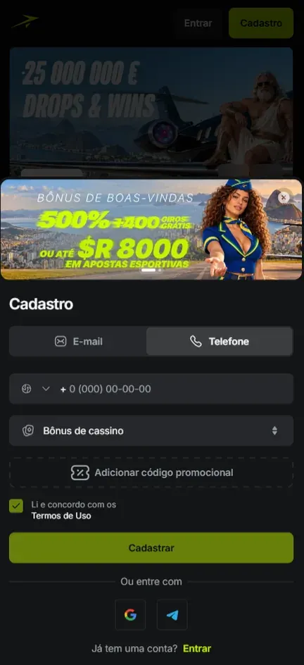 Tela Cadastro da Jetton na aba Telefone, com banner Bônus de boas-vindas 500% + 400 giros grátis ou até R$ 8000 em apostas esportivas, campo do número, seletor Bônus de cassino, botão Adicionar código promocional, Termos de Uso já marcado, botão Cadastrar e entrada por Google ou Telegram