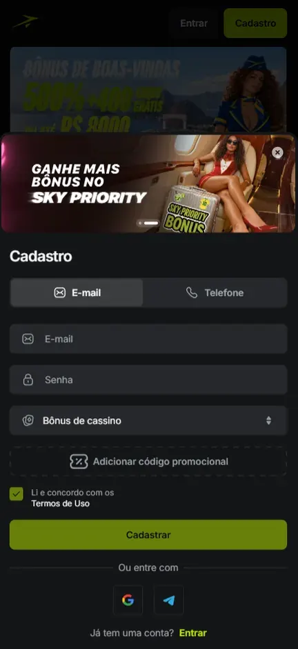 Formulário Cadastro da Jetton na aba E-mail, com campos E-mail e Senha, seletor Bônus de cassino, botão tracejado Adicionar código promocional, Termos de Uso marcado e botão Cadastrar