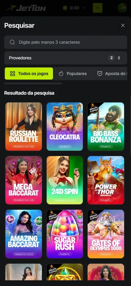 Resultado da busca da Jetton filtrado por dois provedores, com Cleocatra, Big Bass Bonanza, Power of Thor Megaways, Sugar Rush e Gates of Olympus 1000 entre mesas ao vivo da Pragmatic