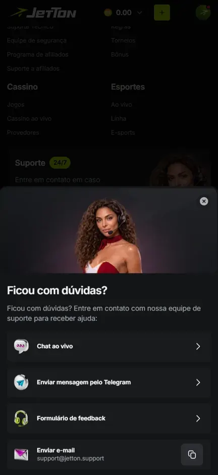 Janela Ficou com dúvidas? da Jetton com as opções Chat ao vivo, Enviar mensagem pelo Telegram, Formulário de feedback e Enviar e-mail para support@jetton.support