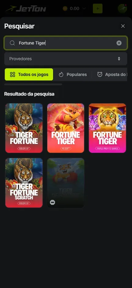 Busca Fortune Tiger na Jetton com cinco resultados: Tiger Fortune da Boldplay, Fortune Tiger da PG Soft, Fortune Tiger da Triple Profits Games, Tiger Fortune Scratch e uma capa cinza com sinal de menos