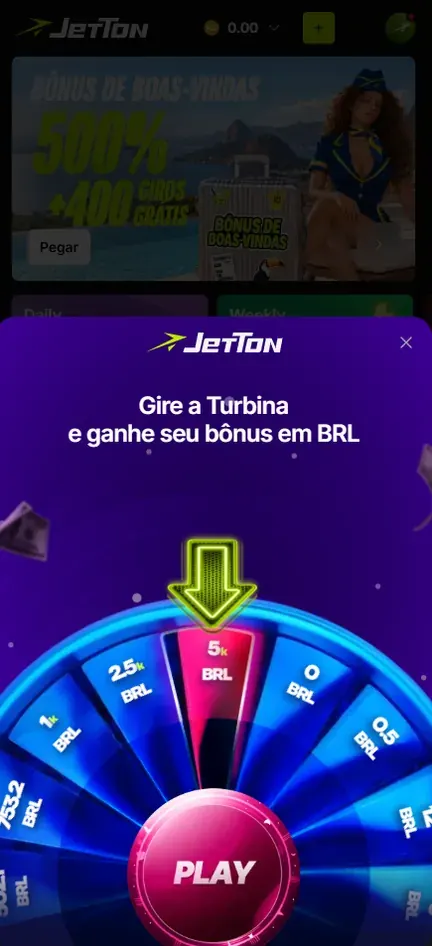 Janela Gire a Turbina e ganhe seu bônus em BRL sobre o lobby da Jetton, com roda de setores como 5k, 2.5k, 1k e 0 BRL e botão Play no centro