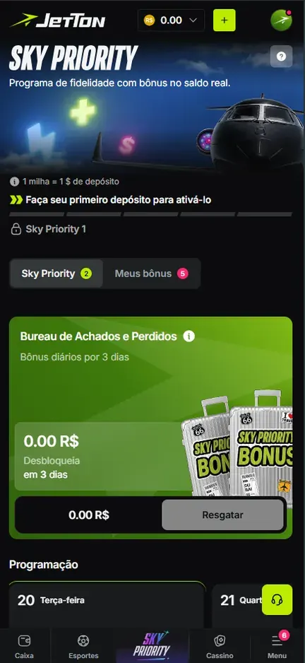 Página Sky Priority da Jetton com a nota 1 milha = 1 $ de depósito, aviso Faça seu primeiro depósito para ativá-lo, abas Sky Priority e Meus bônus e cartão Bureau de Achados e Perdidos com bônus diários por 3 dias