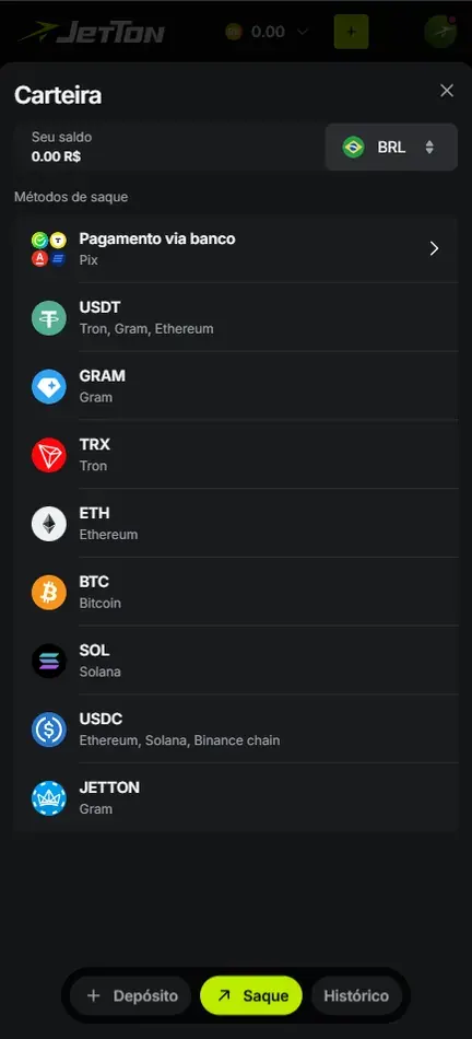 Carteira da Jetton em Métodos de saque, com saldo 0.00 R$ e seletor BRL; lista com Pagamento via banco (Pix), USDT, GRAM, TRX, ETH, BTC, SOL, USDC e JETTON, cada um com a rede; embaixo, Depósito, Saque e Histórico